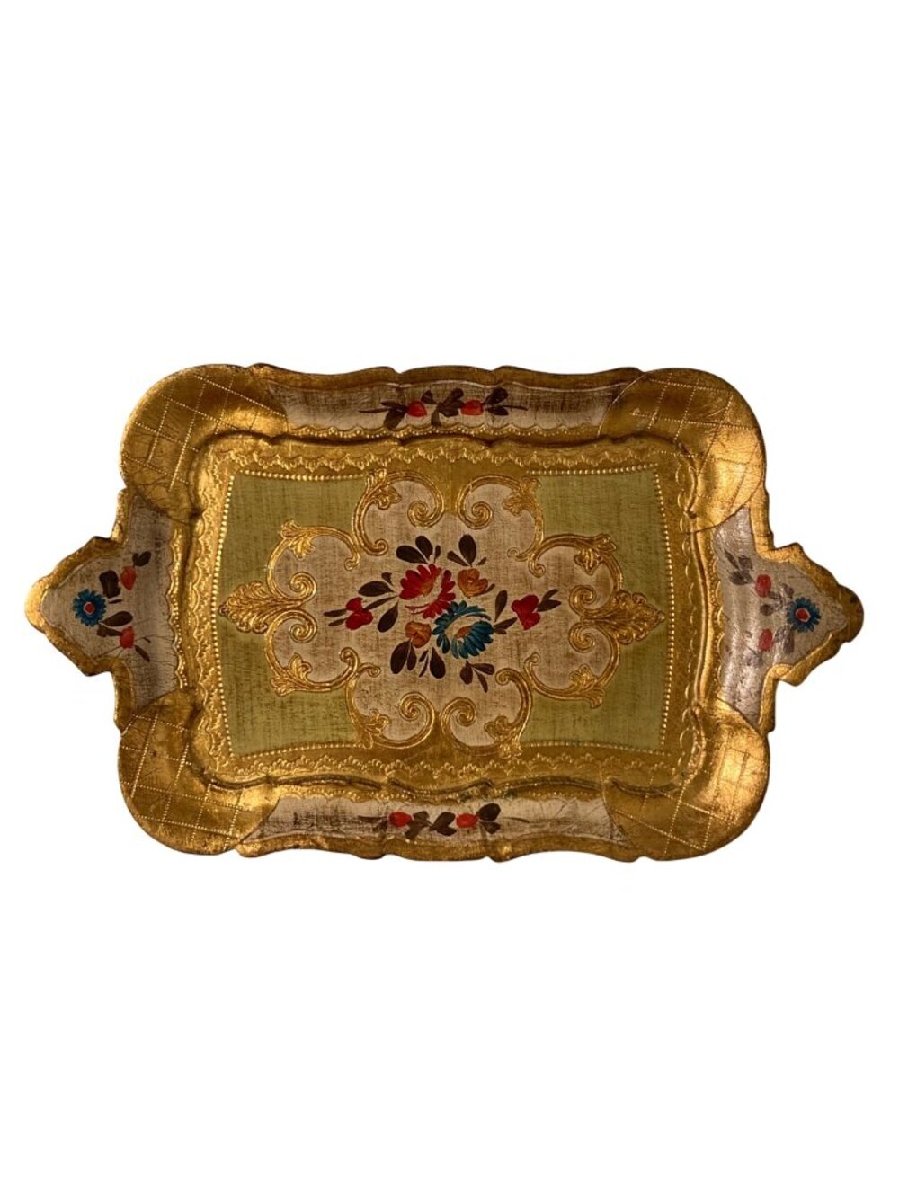 Vintage Italian Florentine Hand-Painted Decorative Tray Gold Floral Motif
